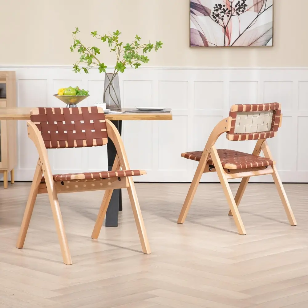Folding Dining Chairs Set of 2, Wooden Foldable Chair with Leather-Woven Backrest and Widened Seat Extra for Guests Kitchen Off