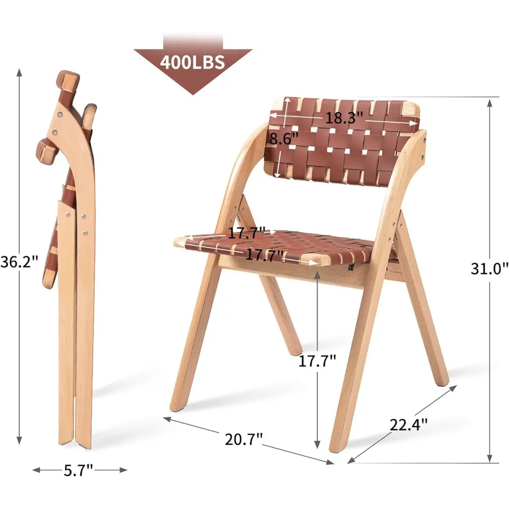 Folding Dining Chairs Set of 2, Wooden Foldable Chair with Leather-Woven Backrest and Widened Seat Extra for Guests Kitchen Off