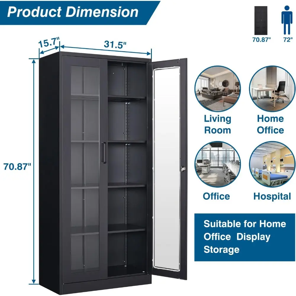 Display Cabinet with Glass Doors, 71IN Curio Cabinets with 4 Adjustable Shelves, Locking Glass Cabinet Display Case for Home, Of