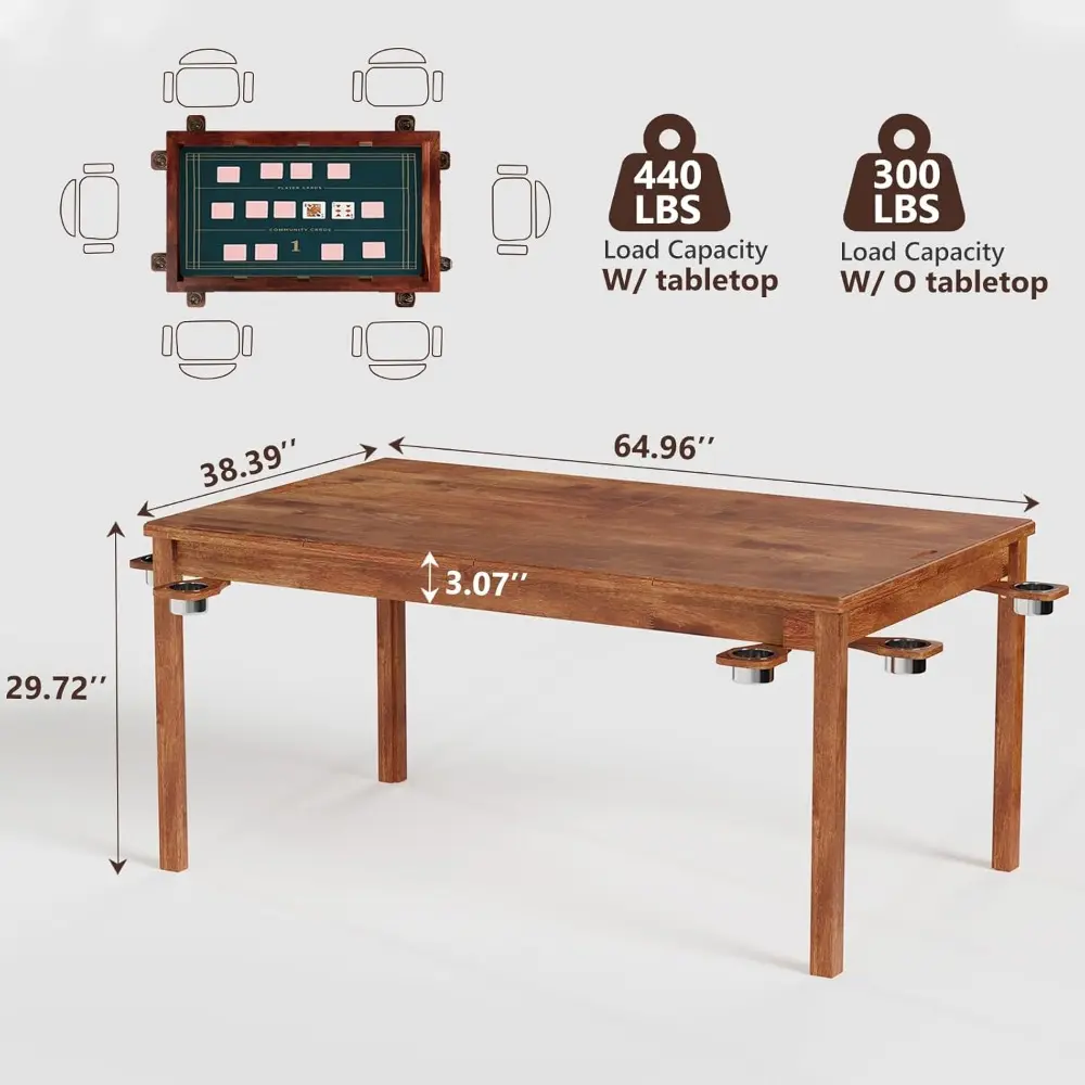 Oak Wood Board Game Table for 6 Players with Removable Table Top, 53in x 30in Gaming Area, Includes Game Mat, Detachable Cup Ho