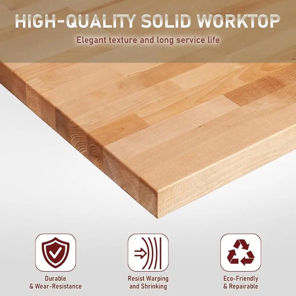 60" Adjustable Workbench with Drawers, Rubber Wood Top Heavy-Duty Workstation, 2000 LBS Load Capacity Hardwood Worktable with Po