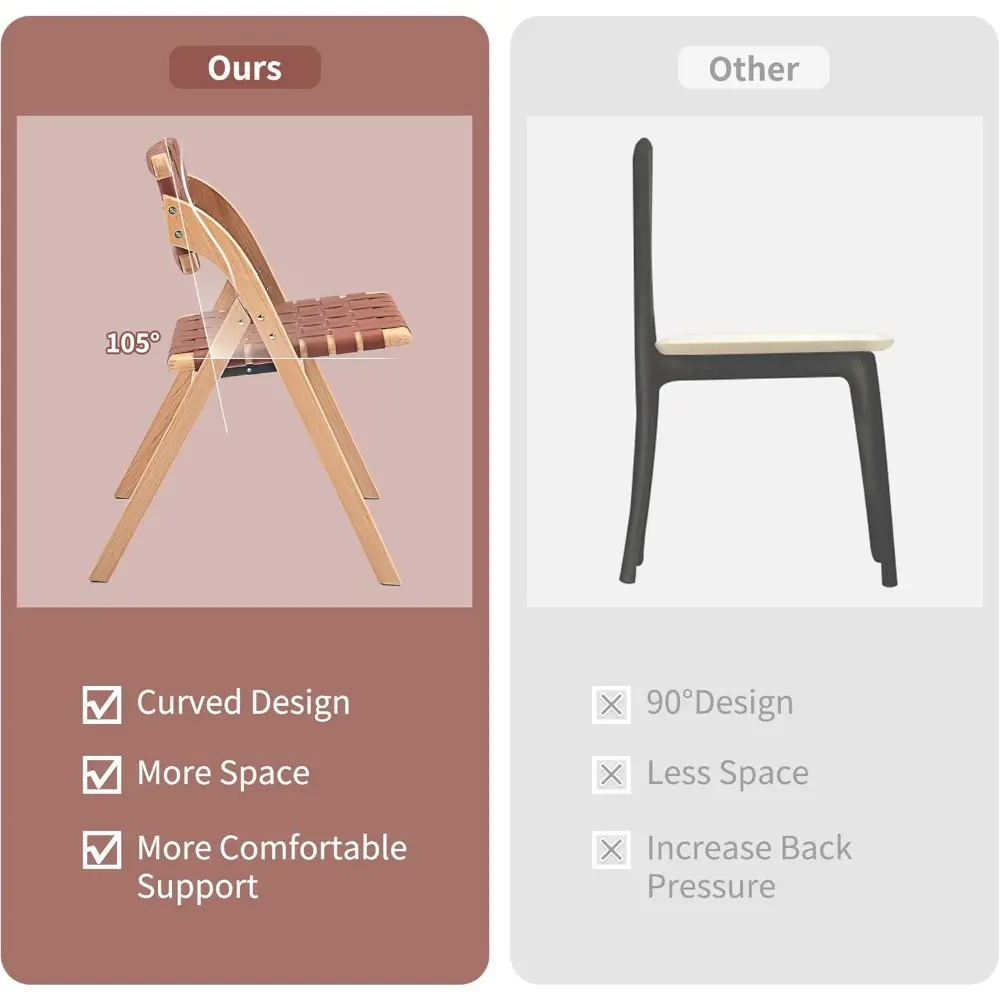 Folding Dining Chairs Set of 2, Wooden Foldable Chair with Leather-Woven Backrest and Widened Seat Extra for Guests Kitchen Off