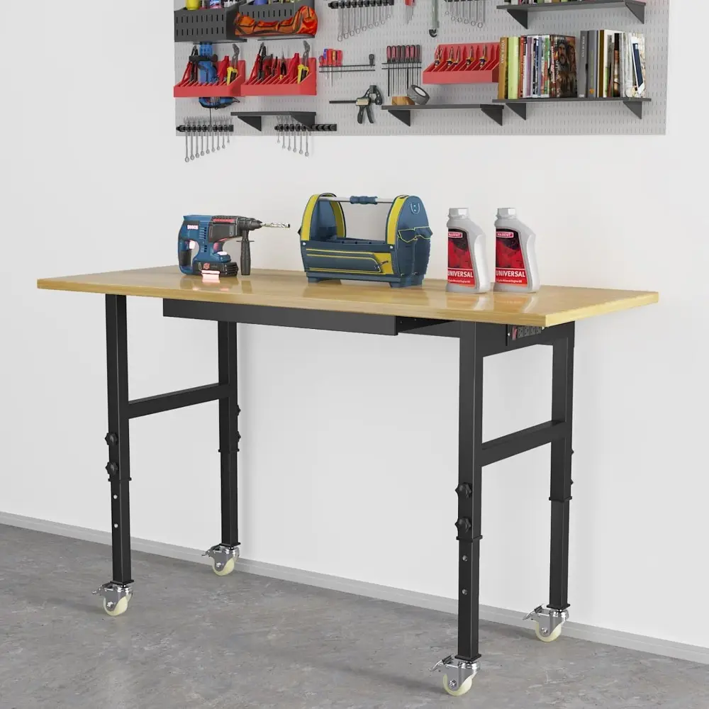 60" Adjustable Workbench with Drawers, Rubber Wood Top Heavy-Duty Workstation, 2000 LBS Load Capacity Hardwood Worktable with Po