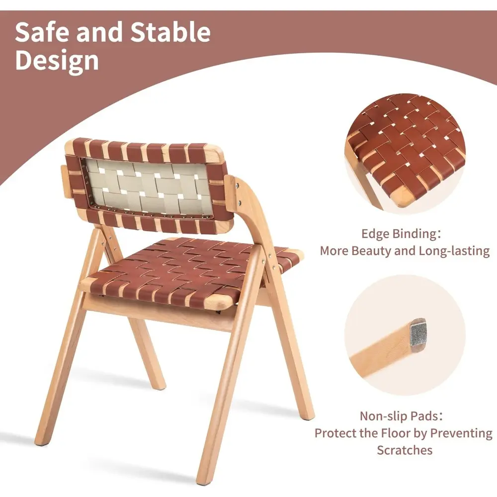 Folding Dining Chairs Set of 2, Wooden Foldable Chair with Leather-Woven Backrest and Widened Seat Extra for Guests Kitchen Off