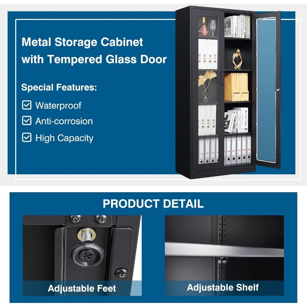 Display Cabinet with Glass Doors, 71IN Curio Cabinets with 4 Adjustable Shelves, Locking Glass Cabinet Display Case for Home, Of
