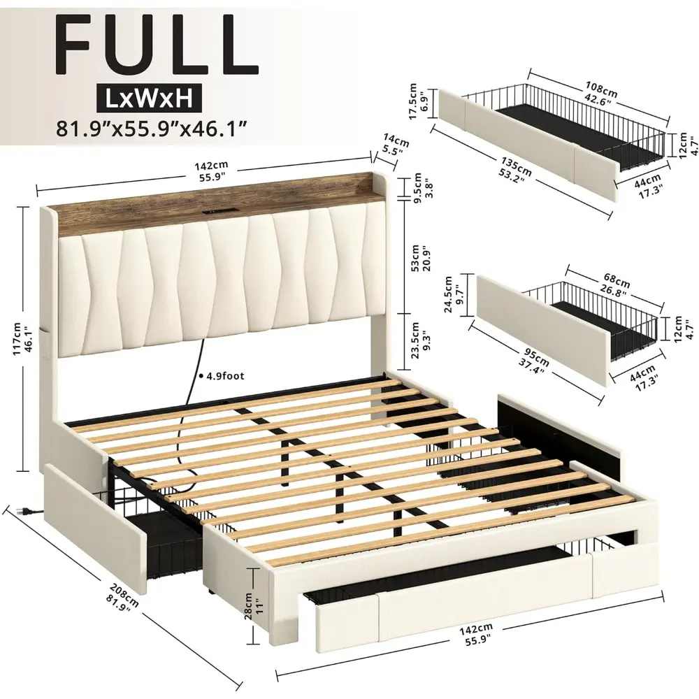 ANCTOR Full Size Bed Frame with 3 Drawers, Upholstered Platform Bed with Storage Headboard and Charging Station, No Box Spring N
