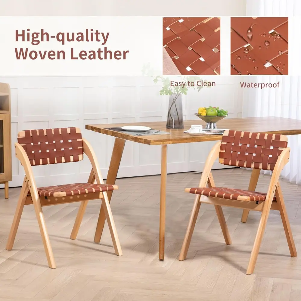 Folding Dining Chairs Set of 2, Wooden Foldable Chair with Leather-Woven Backrest and Widened Seat Extra for Guests Kitchen Off