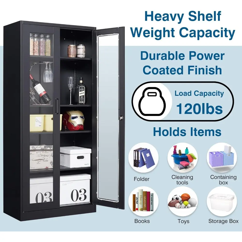 Display Cabinet with Glass Doors, 71IN Curio Cabinets with 4 Adjustable Shelves, Locking Glass Cabinet Display Case for Home, Of