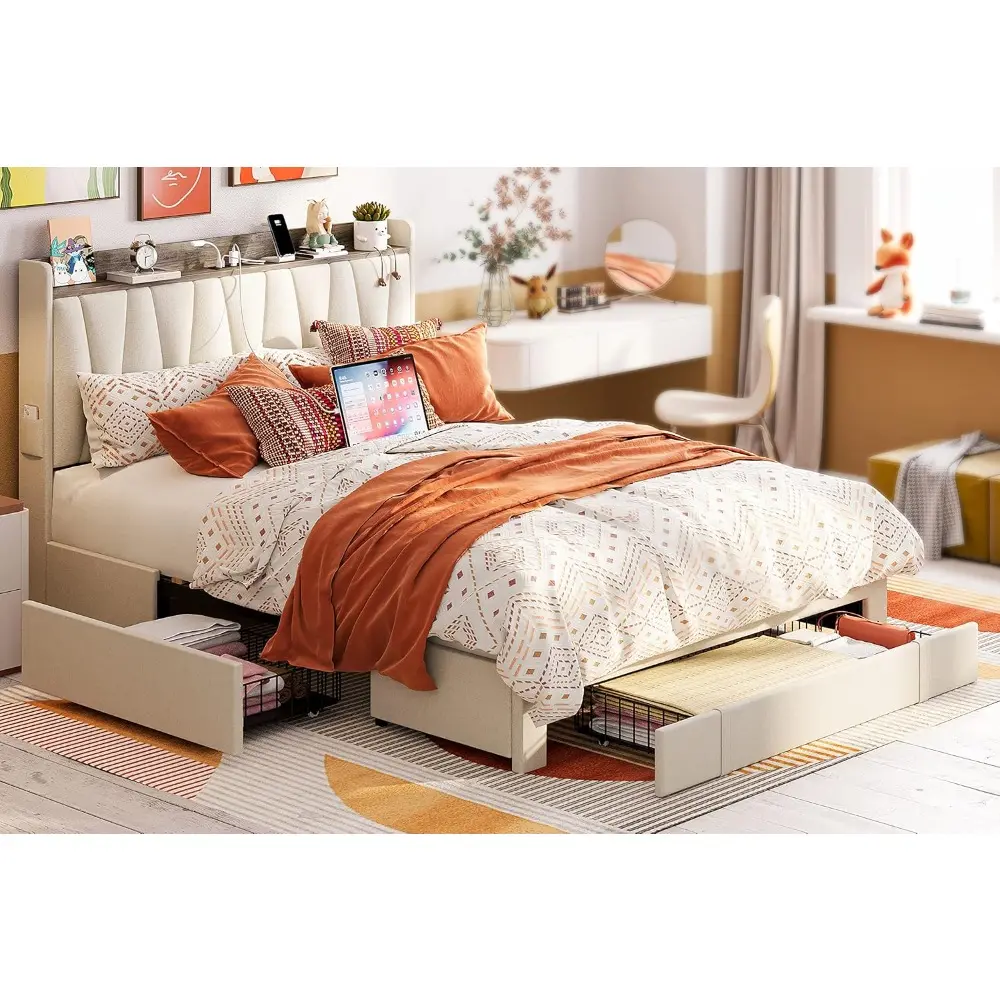 ANCTOR Full Size Bed Frame with 3 Drawers, Upholstered Platform Bed with Storage Headboard and Charging Station, No Box Spring N