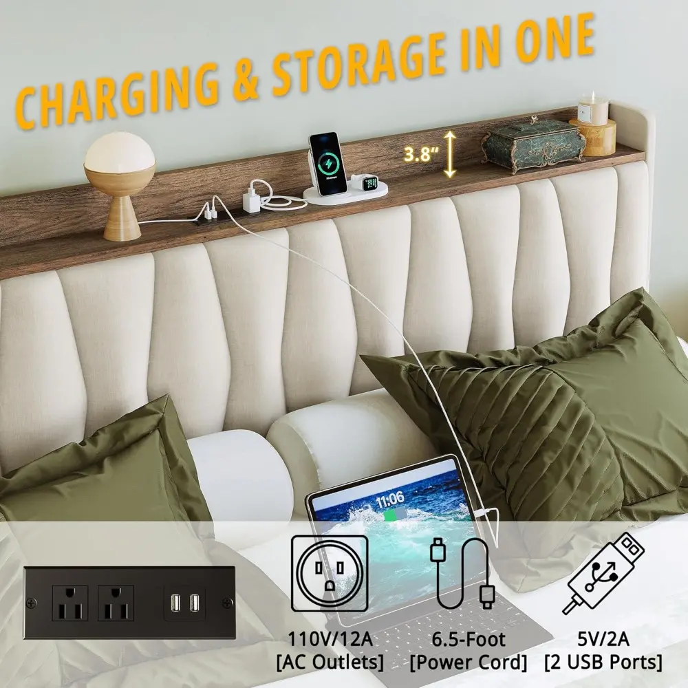ANCTOR Full Size Bed Frame with 3 Drawers, Upholstered Platform Bed with Storage Headboard and Charging Station, No Box Spring N