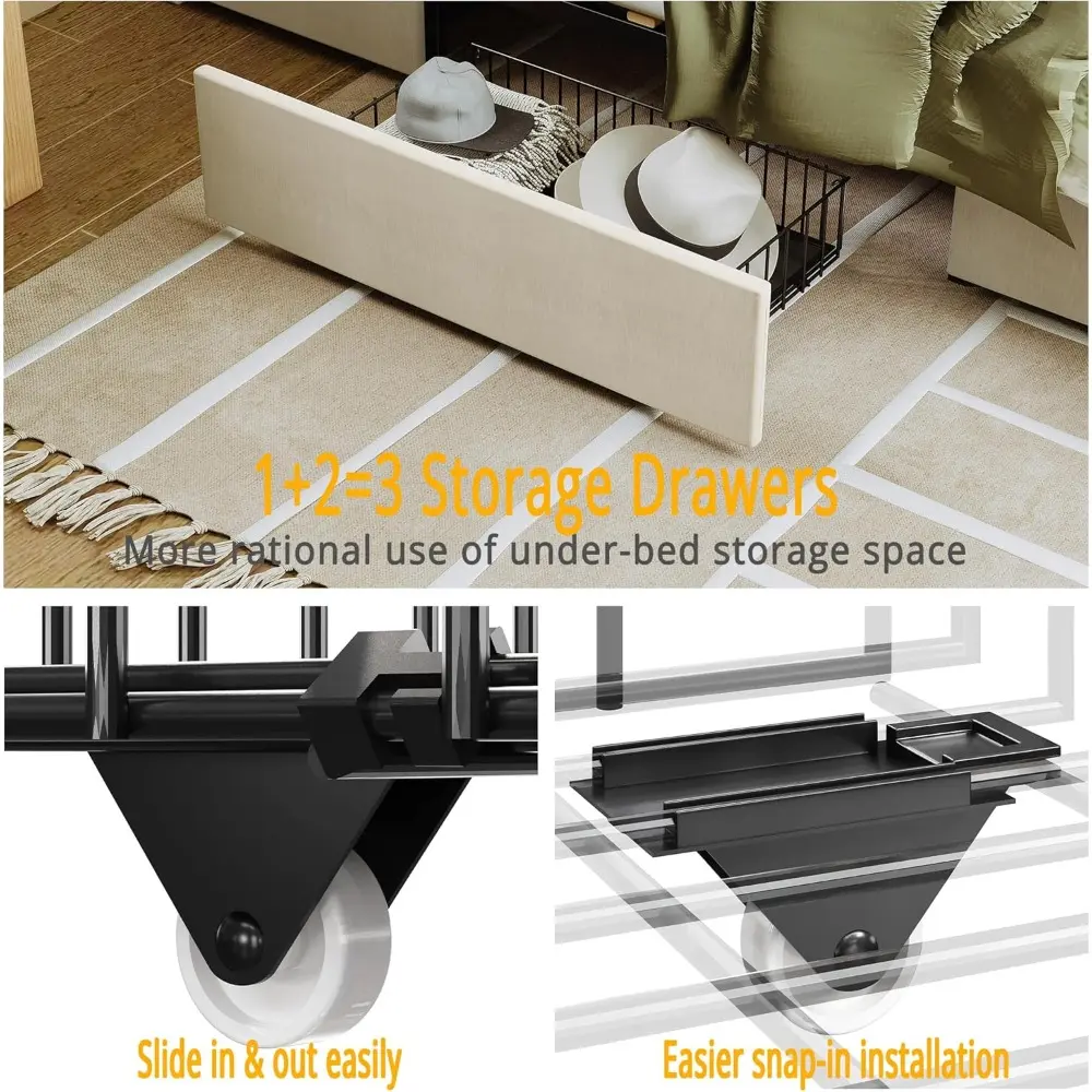 ANCTOR Full Size Bed Frame with 3 Drawers, Upholstered Platform Bed with Storage Headboard and Charging Station, No Box Spring N