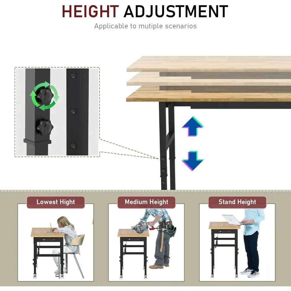 60" Adjustable Workbench with Drawers, Rubber Wood Top Heavy-Duty Workstation, 2000 LBS Load Capacity Hardwood Worktable with Po