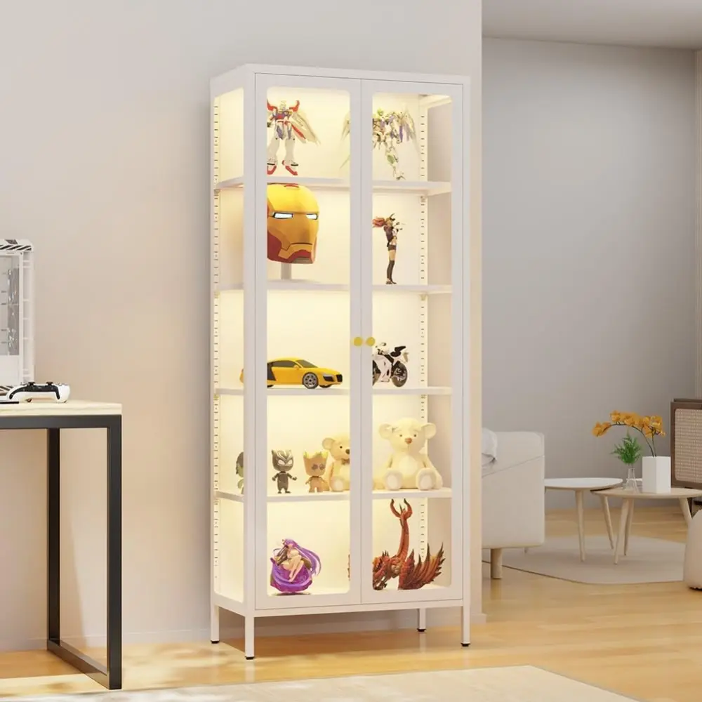 5-Tier LED Illuminated Glass Display Cabinet with Dual Tempered Doors - Adjustable Shelves & Leveling Feet for Home/Office- Coll