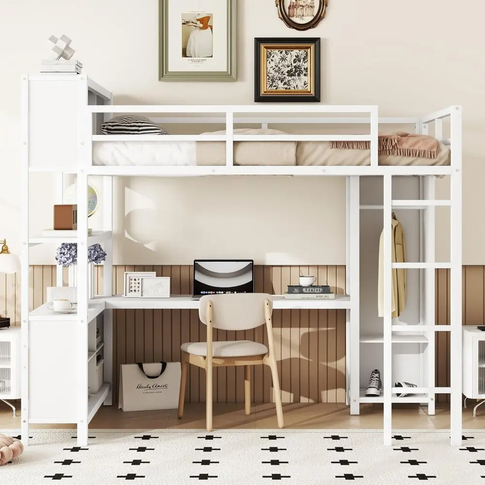 Bellamave Metal Loft Bed with Wardrobe and L-Shaped Desk, Full Size Loft Bed with Storage Cubes and Shelves, Heavy Duty LoftBed