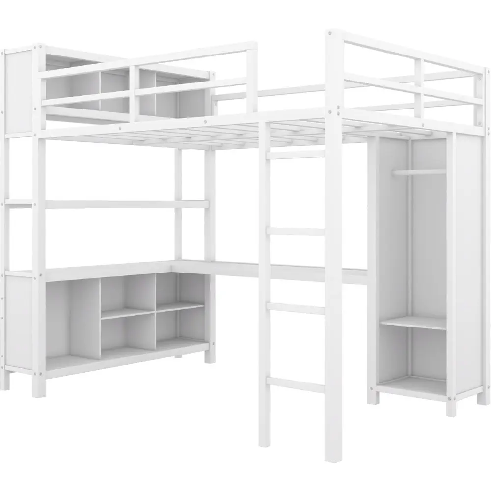 Bellamave Metal Loft Bed with Wardrobe and L-Shaped Desk, Full Size Loft Bed with Storage Cubes and Shelves, Heavy Duty LoftBed