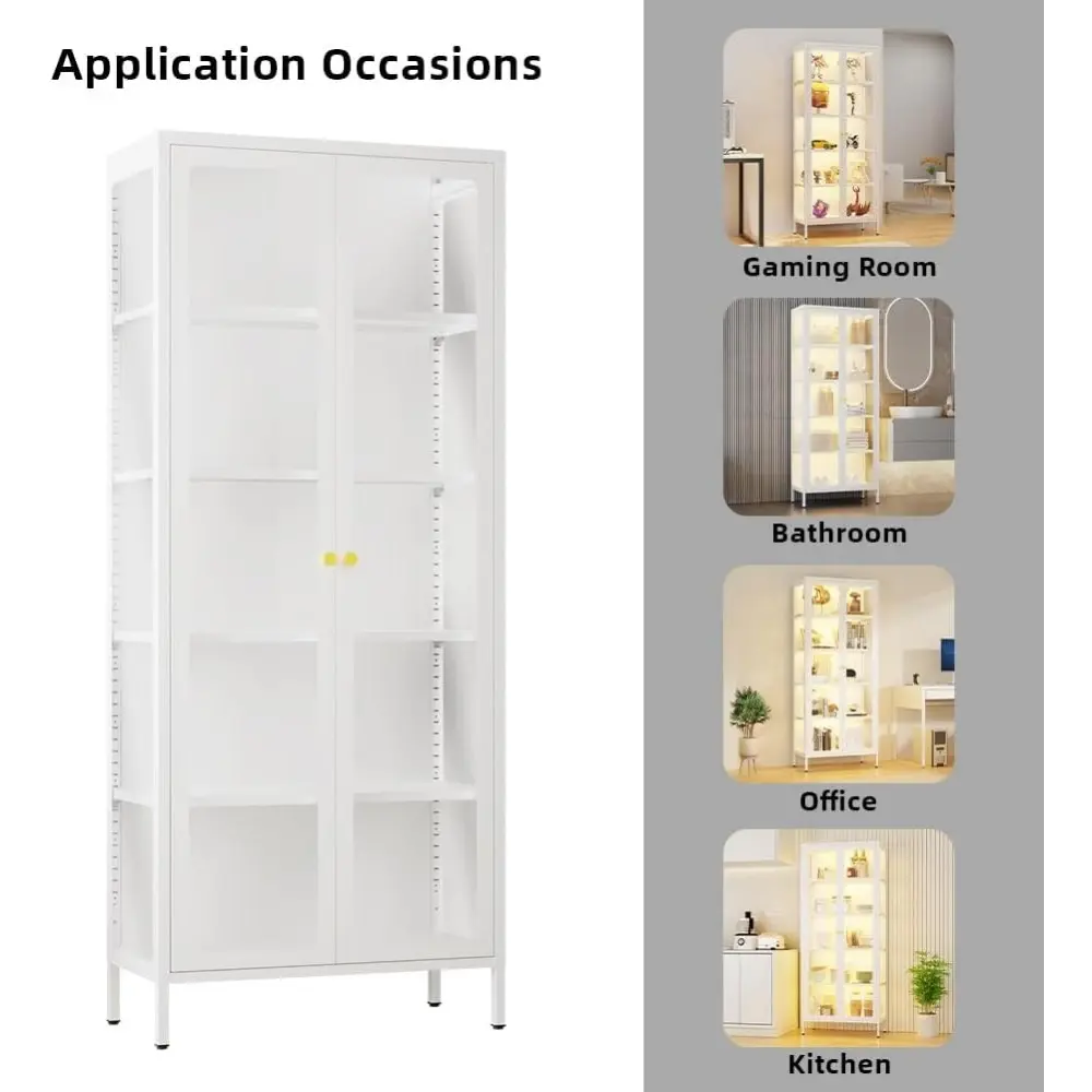 5-Tier LED Illuminated Glass Display Cabinet with Dual Tempered Doors - Adjustable Shelves & Leveling Feet for Home/Office- Coll
