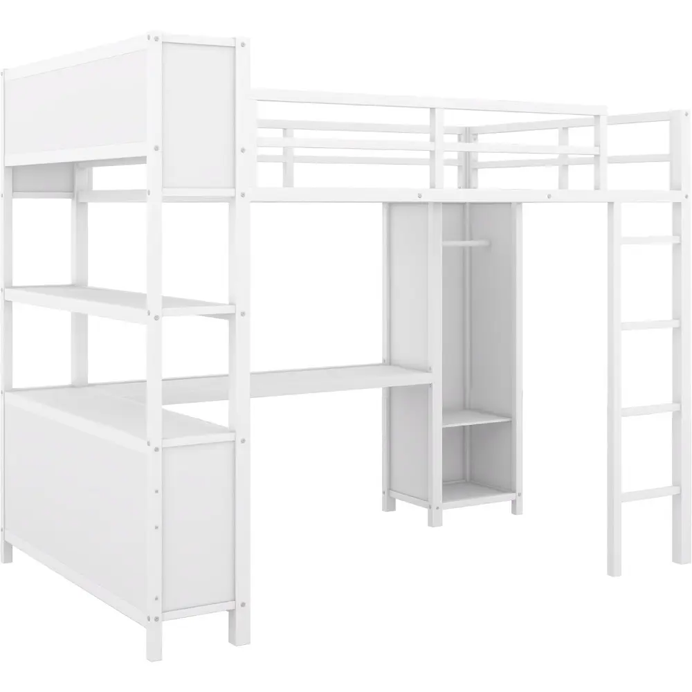 Bellamave Metal Loft Bed with Wardrobe and L-Shaped Desk, Full Size Loft Bed with Storage Cubes and Shelves, Heavy Duty LoftBed