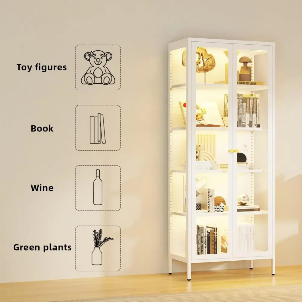 5-Tier LED Illuminated Glass Display Cabinet with Dual Tempered Doors - Adjustable Shelves & Leveling Feet for Home/Office- Coll