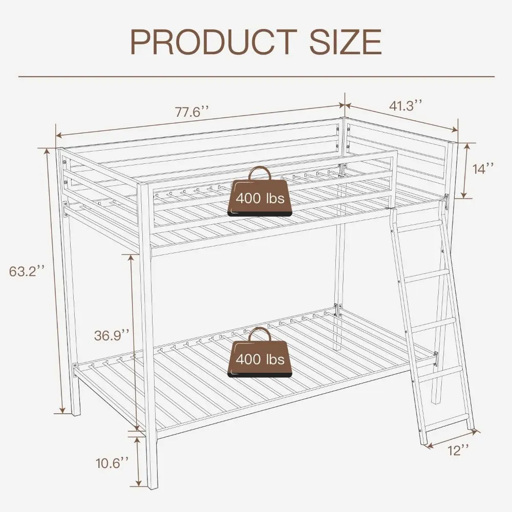 ikalido Metal Loft Bunk Bed Twin Over Twin Size with Safety Guardrail and Ladder, No Box Spring Needed Space Saving Bedroom Furn
