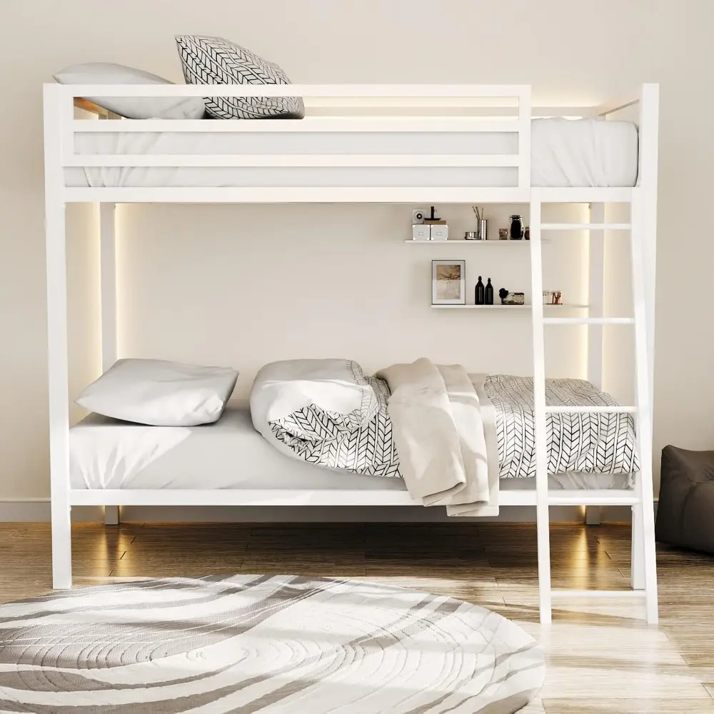 ikalido Metal Loft Bunk Bed Twin Over Twin Size with Safety Guardrail and Ladder, No Box Spring Needed Space Saving Bedroom Furn