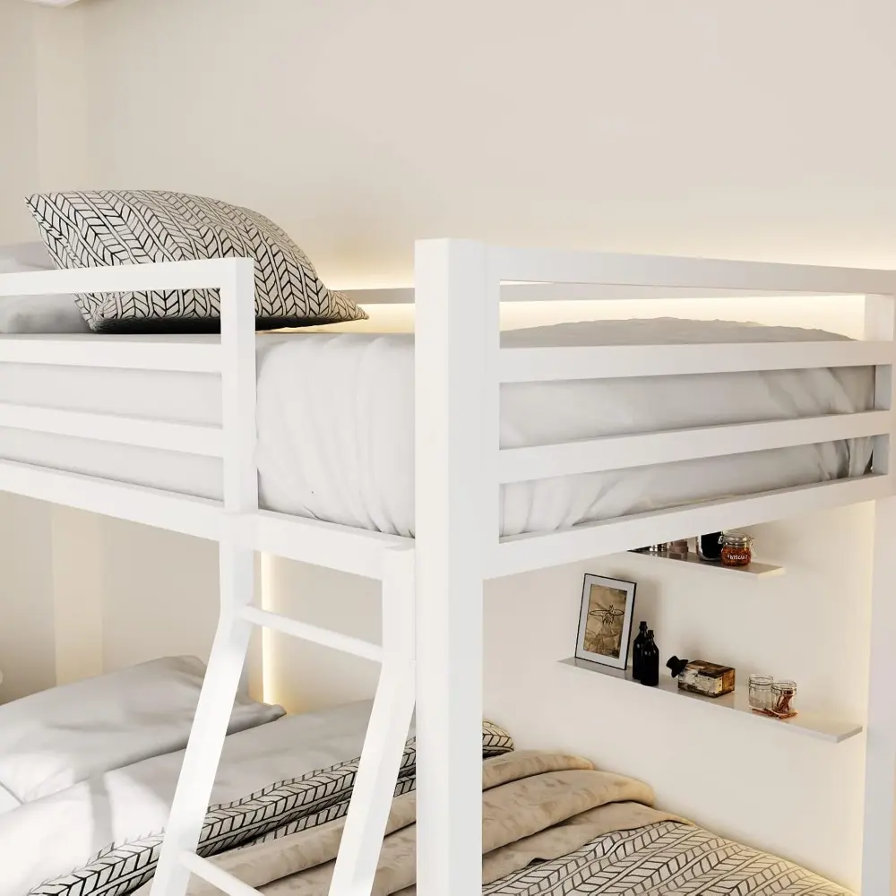 ikalido Metal Loft Bunk Bed Twin Over Twin Size with Safety Guardrail and Ladder, No Box Spring Needed Space Saving Bedroom Furn