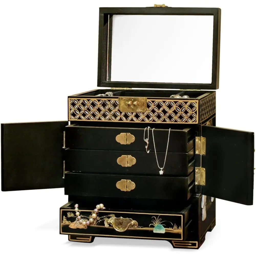 Black Lacquer Mother of Pearl Petite chinese Jewelry Chest 15"H