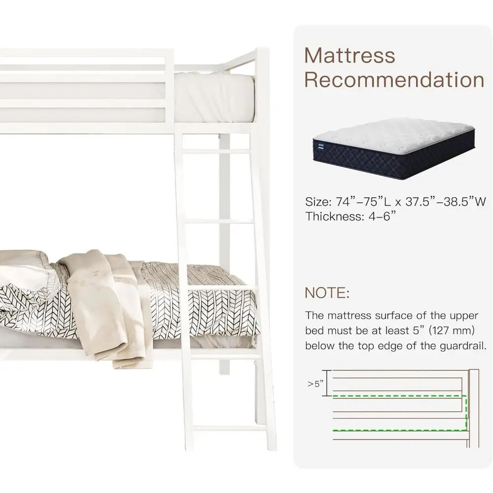ikalido Metal Loft Bunk Bed Twin Over Twin Size with Safety Guardrail and Ladder, No Box Spring Needed Space Saving Bedroom Furn