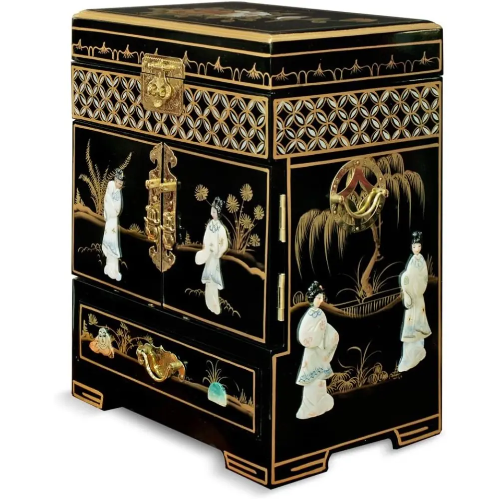 Black Lacquer Mother of Pearl Petite chinese Jewelry Chest 15"H