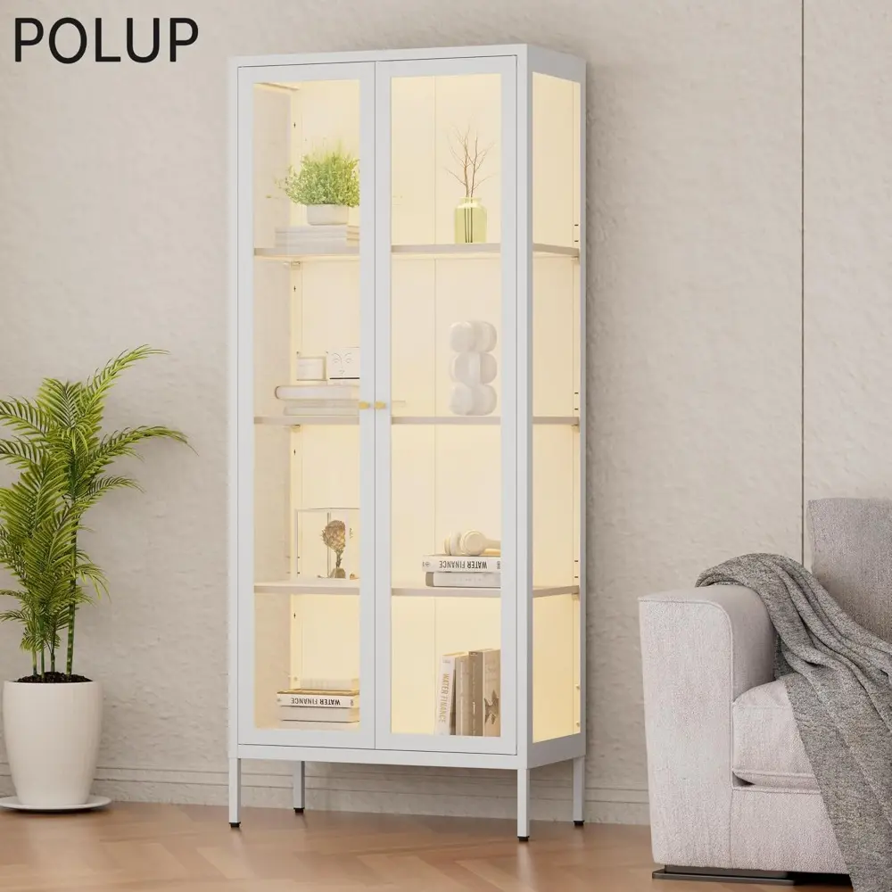 Display Cabinet with 3 Color LED Lights and Tempered Glass, 66 Inch Tall Curio Cabinet with 3 Side Glass, White Display Case for