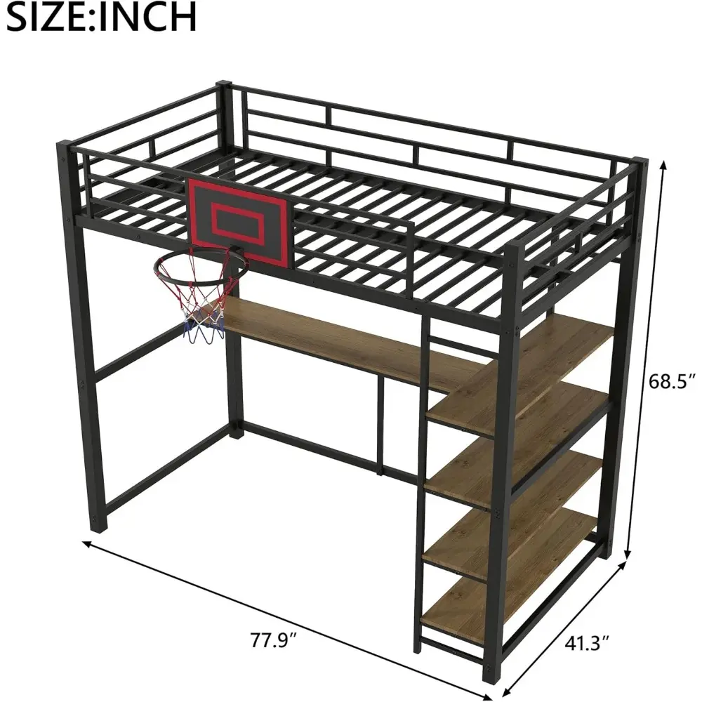Metal Loft Bed with Shelves, Desk and Basketball Hoop, No Box Spring Needed, Twin Size, Black