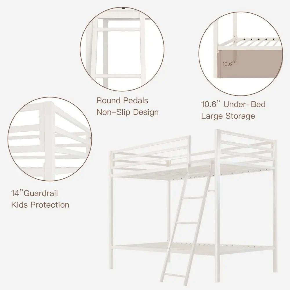 ikalido Metal Loft Bunk Bed Twin Over Twin Size with Safety Guardrail and Ladder, No Box Spring Needed Space Saving Bedroom Furn