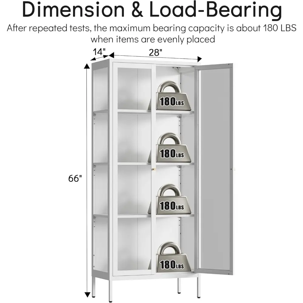 Display Cabinet with 3 Color LED Lights and Tempered Glass, 66 Inch Tall Curio Cabinet with 3 Side Glass, White Display Case for