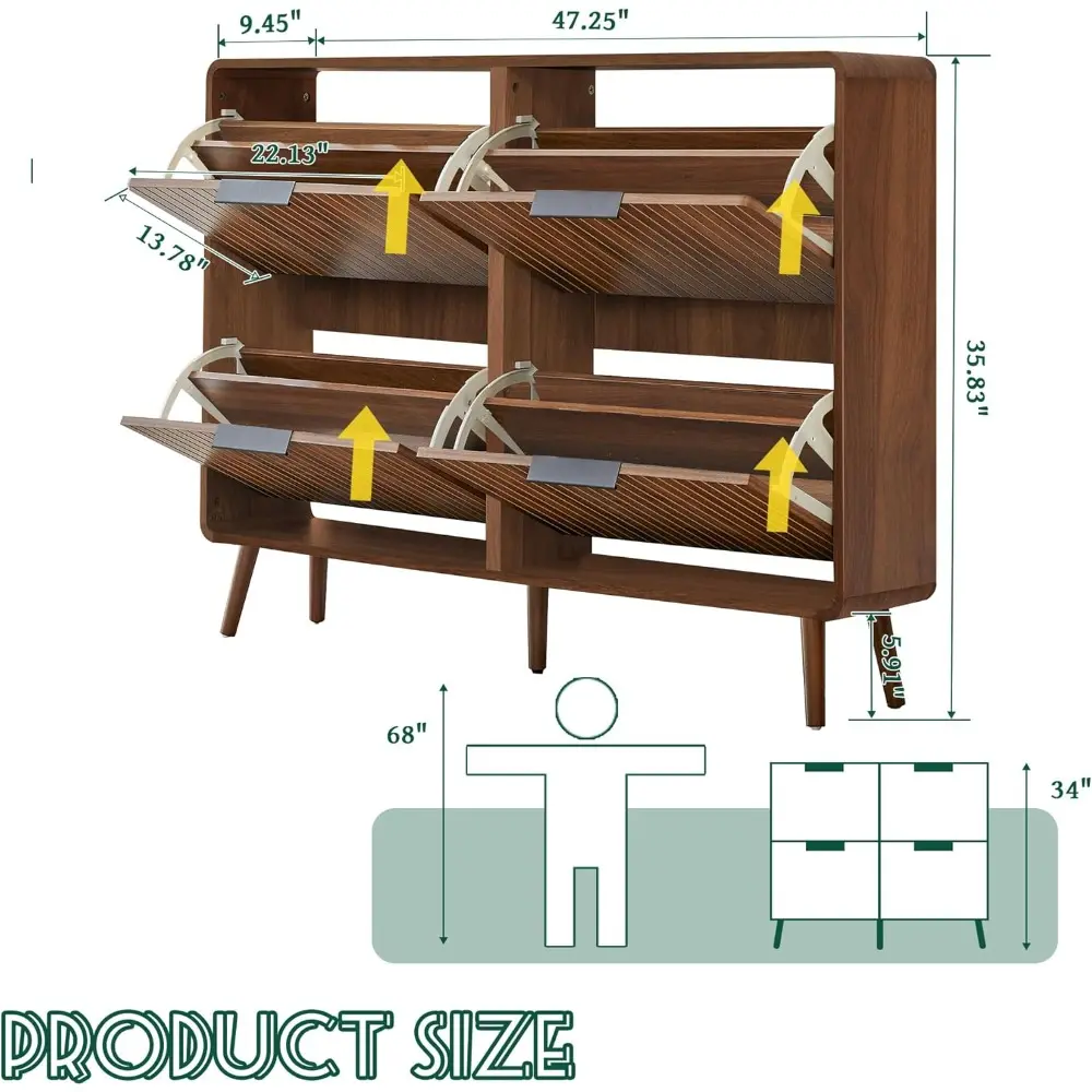 47" Fluted Large Shoe Cabinet with 4 Flip Drawers, Slim Freestanding Shoe Cabinet Organizer, Narrow Shoes Storage Rack for Entry
