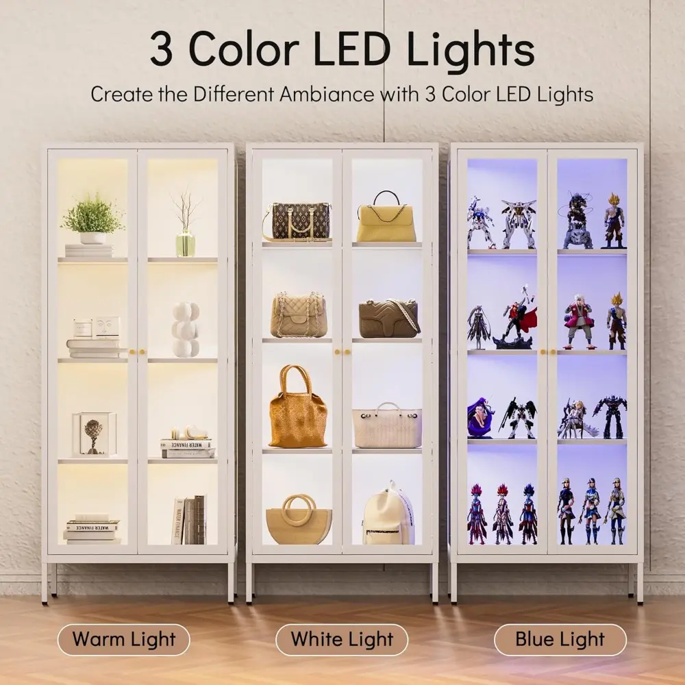 Display Cabinet with 3 Color LED Lights and Tempered Glass, 66 Inch Tall Curio Cabinet with 3 Side Glass, White Display Case for