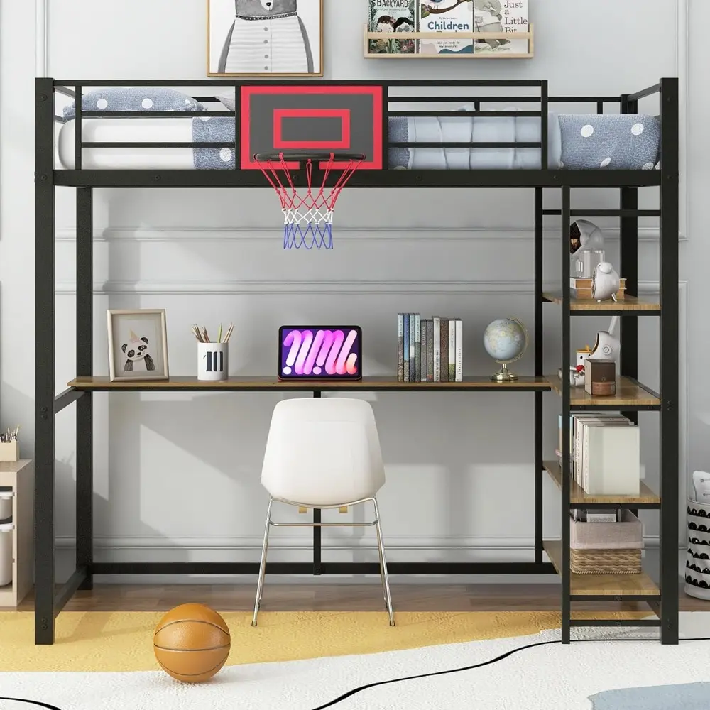 Metal Loft Bed with Shelves, Desk and Basketball Hoop, No Box Spring Needed, Twin Size, Black