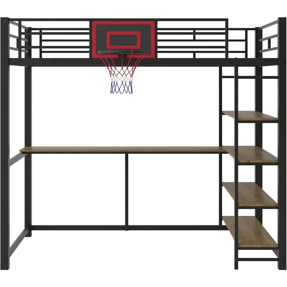 Metal Loft Bed with Shelves, Desk and Basketball Hoop, No Box Spring Needed, Twin Size, Black