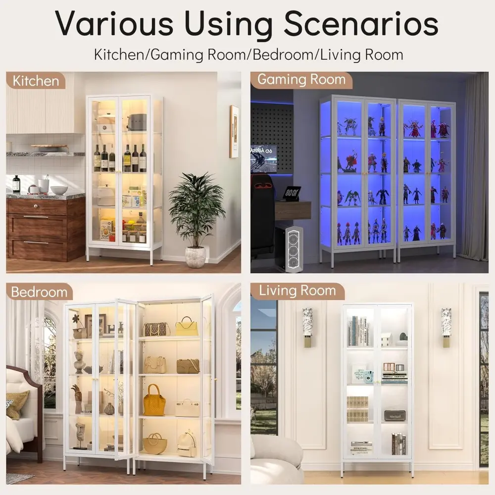Display Cabinet with 3 Color LED Lights and Tempered Glass, 66 Inch Tall Curio Cabinet with 3 Side Glass, White Display Case for