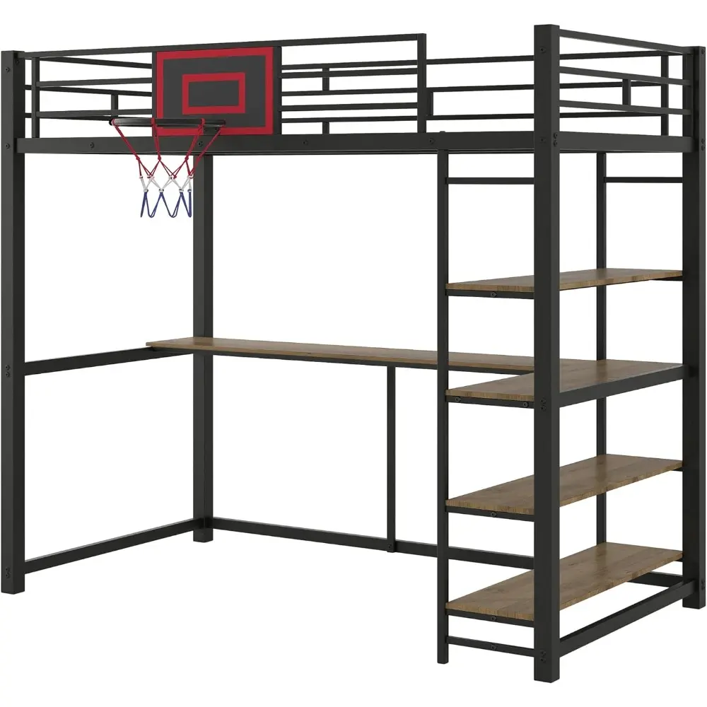 Metal Loft Bed with Shelves, Desk and Basketball Hoop, No Box Spring Needed, Twin Size, Black