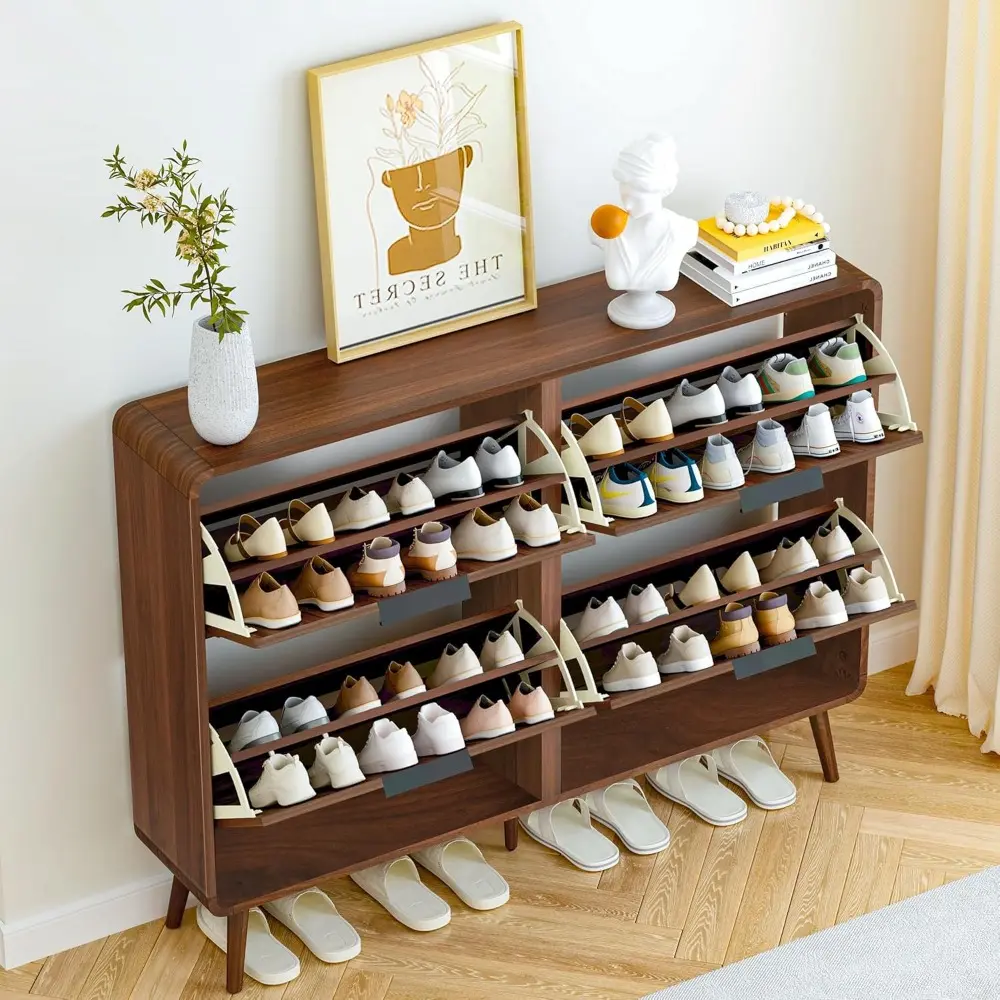 47" Fluted Large Shoe Cabinet with 4 Flip Drawers, Slim Freestanding Shoe Cabinet Organizer, Narrow Shoes Storage Rack for Entry