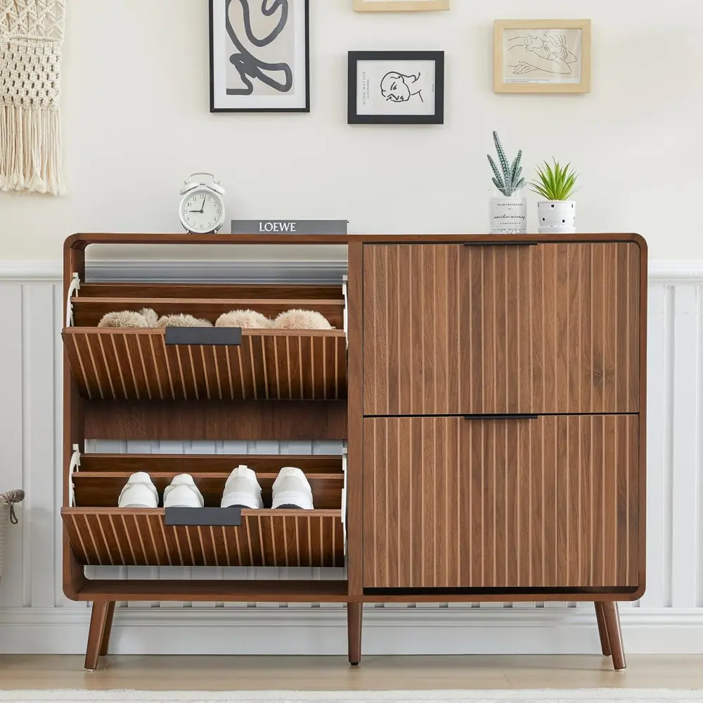 47" Fluted Large Shoe Cabinet with 4 Flip Drawers, Slim Freestanding Shoe Cabinet Organizer, Narrow Shoes Storage Rack for Entry