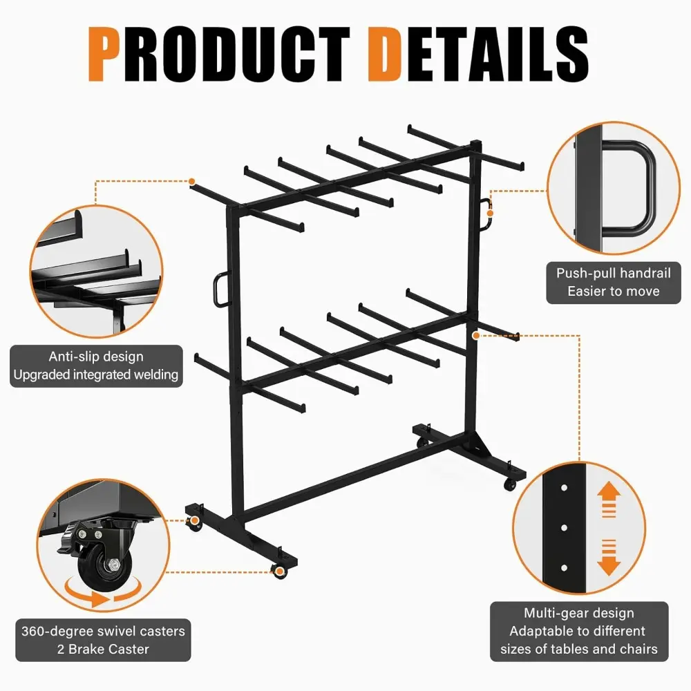 Folding Chair Rack, Holds 12 Tables or 84 Chairs, 1100 lbs Capacity, Heavy-Duty Cart with Wheels, Elastic Cords, Cover, Glossy