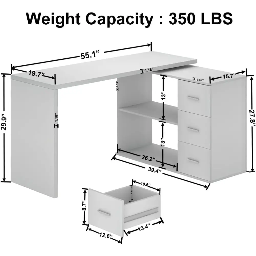 White L-Shaped Computer Desk with 3 Drawers and 2 Shelves, Reversible Home Office Corner Desk for Writing Study Work Executive,