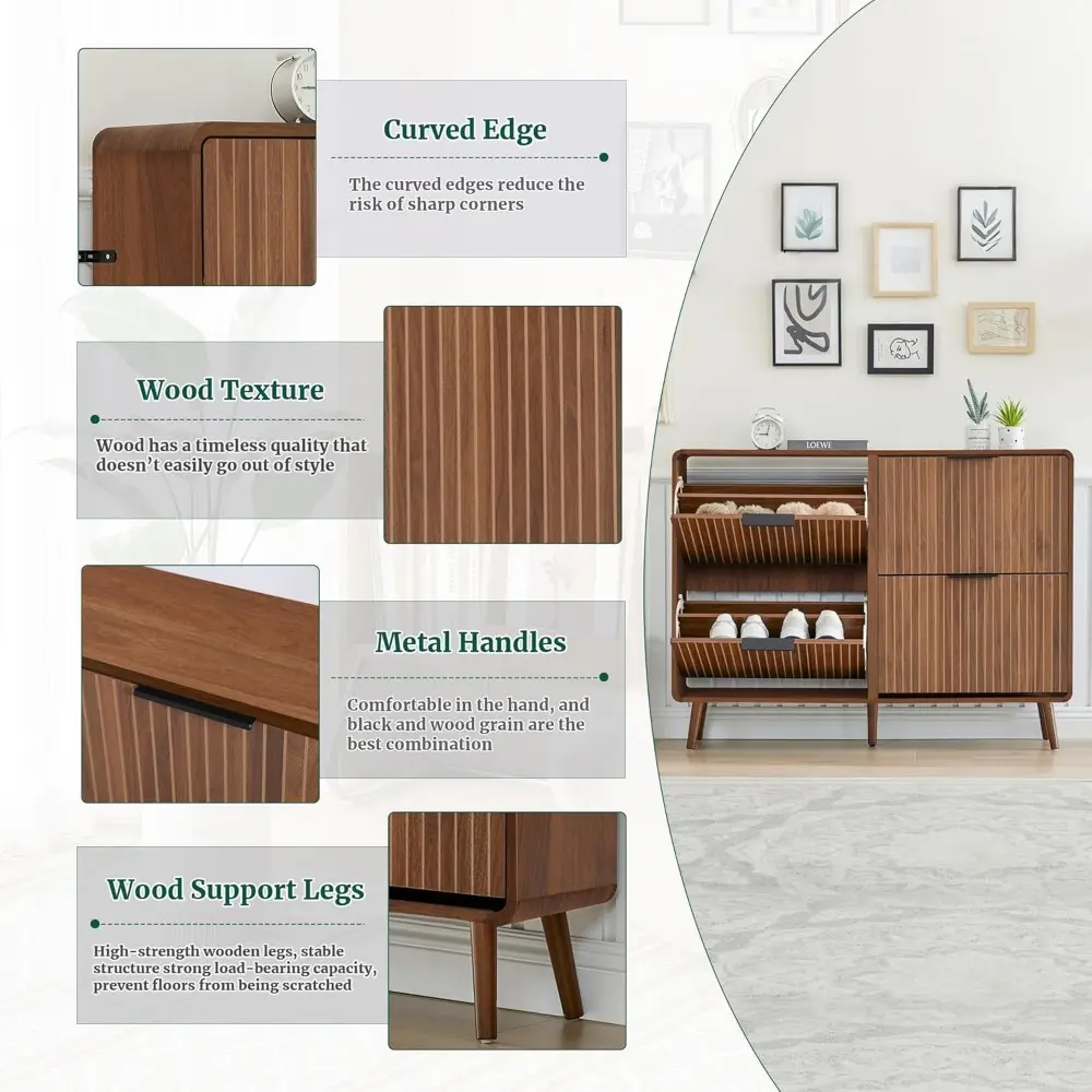 47" Fluted Large Shoe Cabinet with 4 Flip Drawers, Slim Freestanding Shoe Cabinet Organizer, Narrow Shoes Storage Rack for Entry