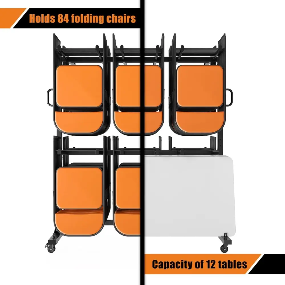 Folding Chair Rack, Holds 12 Tables or 84 Chairs, 1100 lbs Capacity, Heavy-Duty Cart with Wheels, Elastic Cords, Cover, Glossy