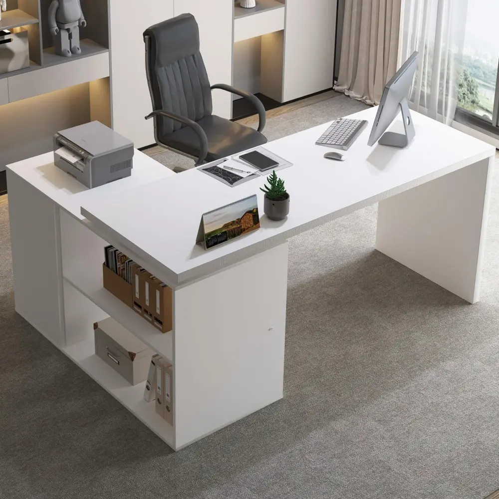 White L-Shaped Computer Desk with 3 Drawers and 2 Shelves, Reversible Home Office Corner Desk for Writing Study Work Executive,