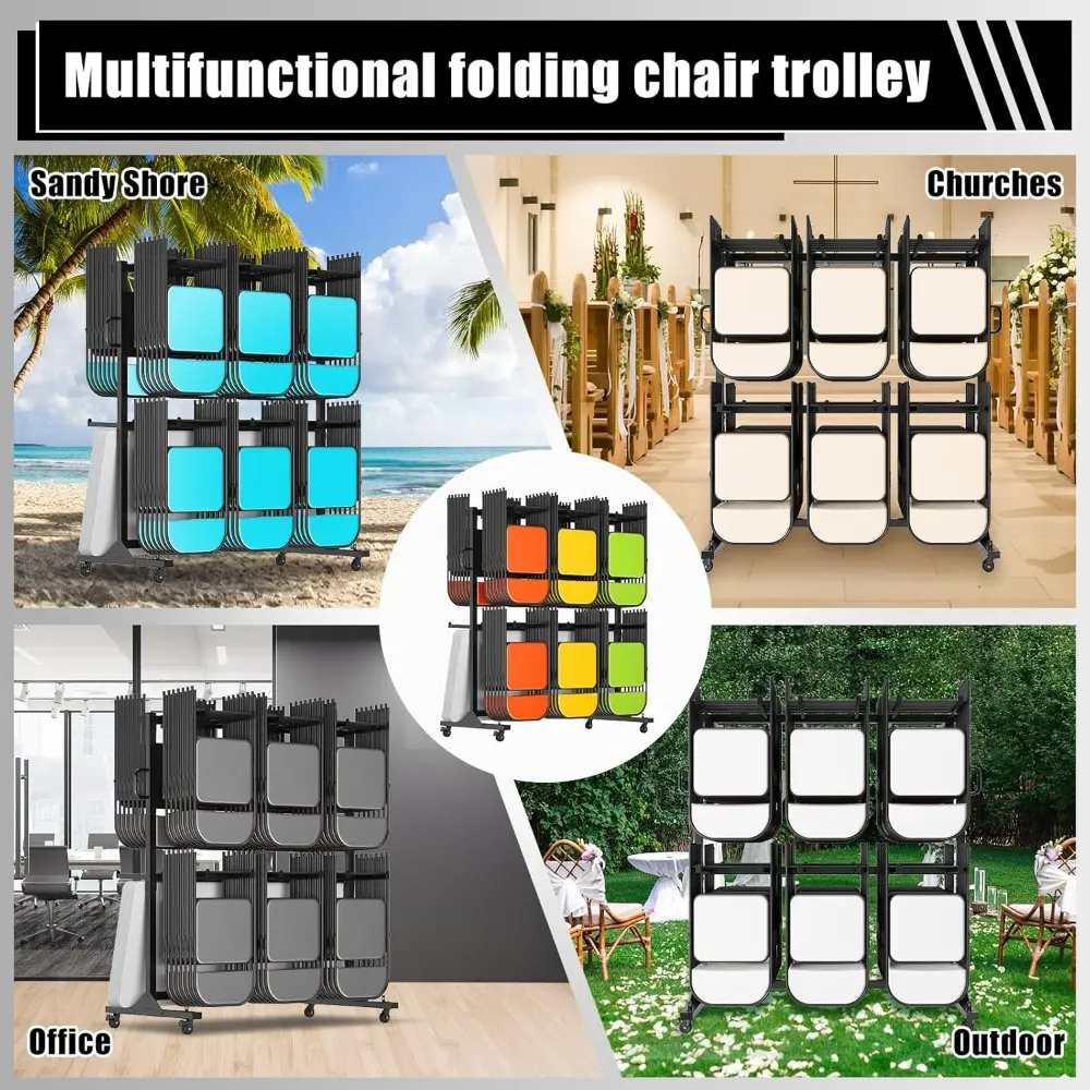Folding Chair Rack, Holds 12 Tables or 84 Chairs, 1100 lbs Capacity, Heavy-Duty Cart with Wheels, Elastic Cords, Cover, Glossy