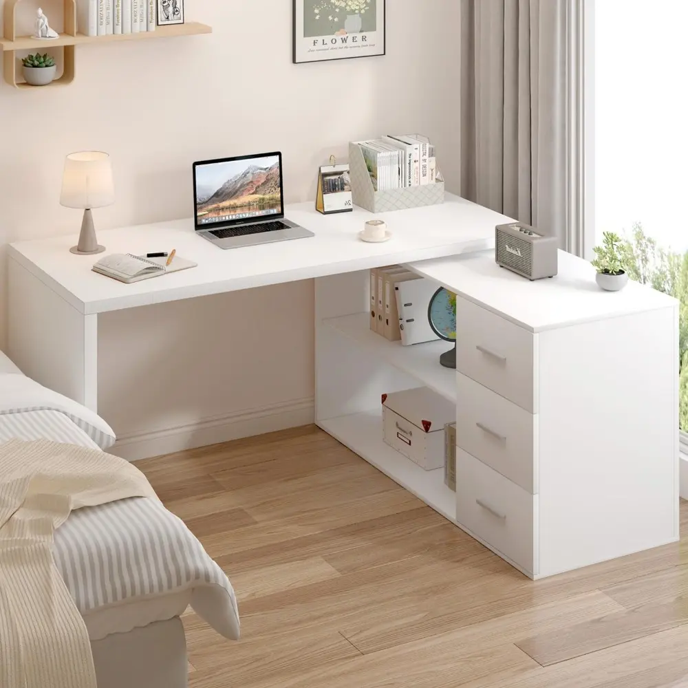 White L-Shaped Computer Desk with 3 Drawers and 2 Shelves, Reversible Home Office Corner Desk for Writing Study Work Executive,