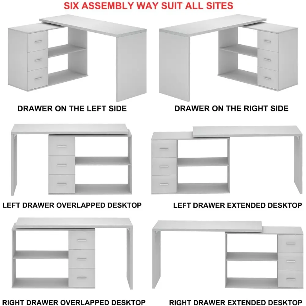 White L-Shaped Computer Desk with 3 Drawers and 2 Shelves, Reversible Home Office Corner Desk for Writing Study Work Executive,
