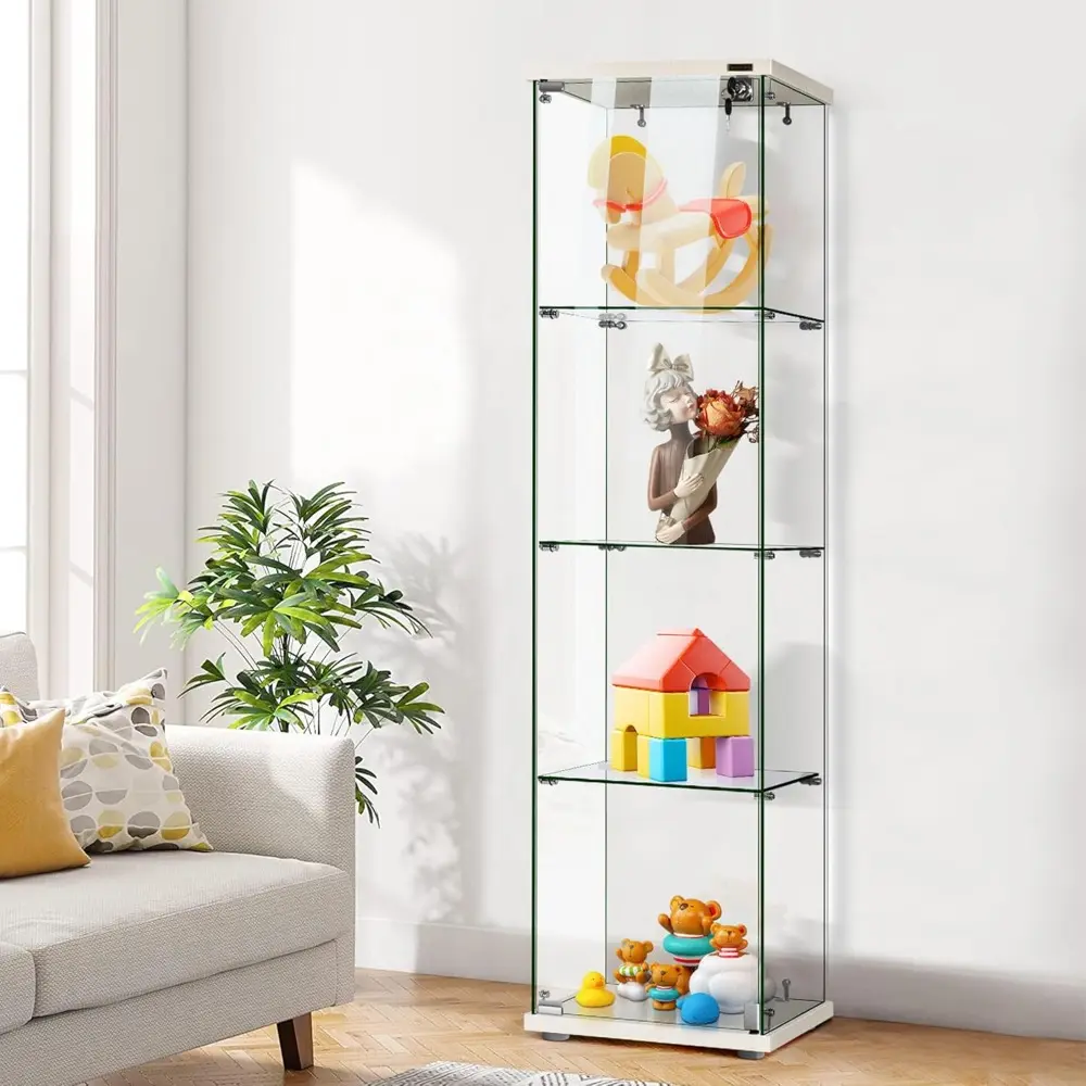 4 Layers 15.7''W x 15.7''D x 62.6''H Glass Display Cabinet Countertop Showcase with Lock, 5mm Tempered Glass 25mm MDF Base