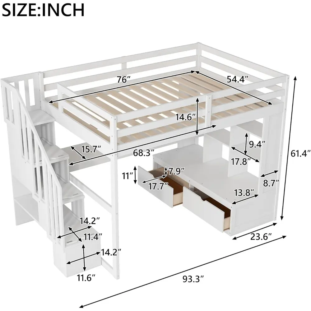 Harper & Bright Designs Full Size Loft Bed with Shelves and Desk,Solid Wood Loft Bed Frame w/Safety Guardrail and Storage Stairc